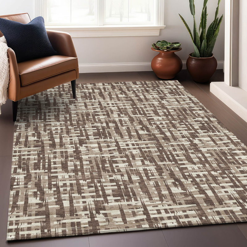 Brown and Beige Synthetic Flat Woven Washable Area Rug