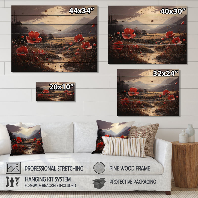«Red Crimson Flower S Embrace», art mural en bois sur bois de pin naturel, H 10 po x l 20 po