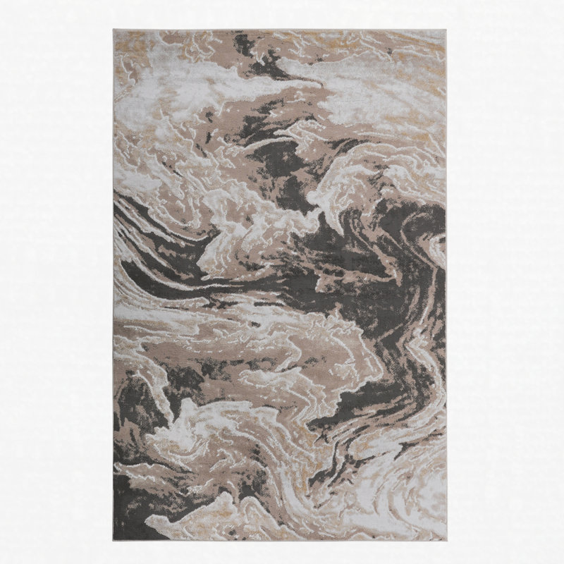 Area Rug Synthetic Fiber Stain Resistant Non-Shedding Abstract Light Brown Medium Pile 8' x 10', Light Brown