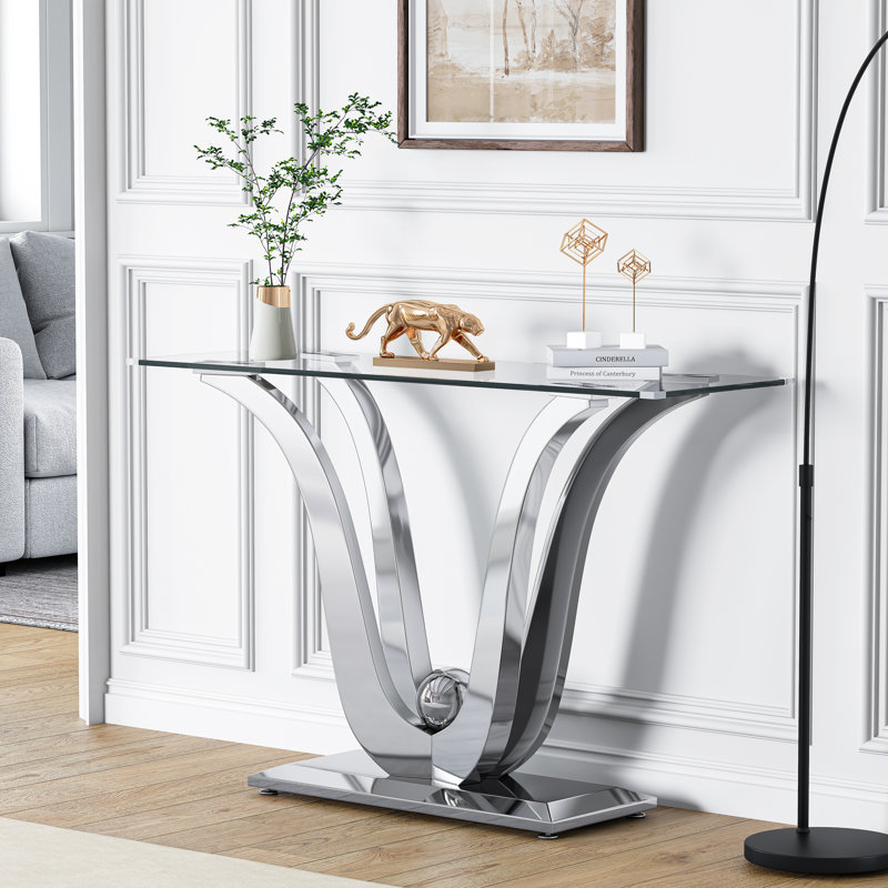 Modern Rectangular Glass Console Table With 47" Tempered Glass Top And Floral Stainless Steel Base, Silver