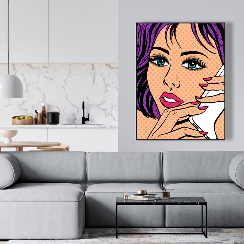 Pop Art Style Lady on Téléphone - Toile encadrée pour le décor de la chambre à coucher
