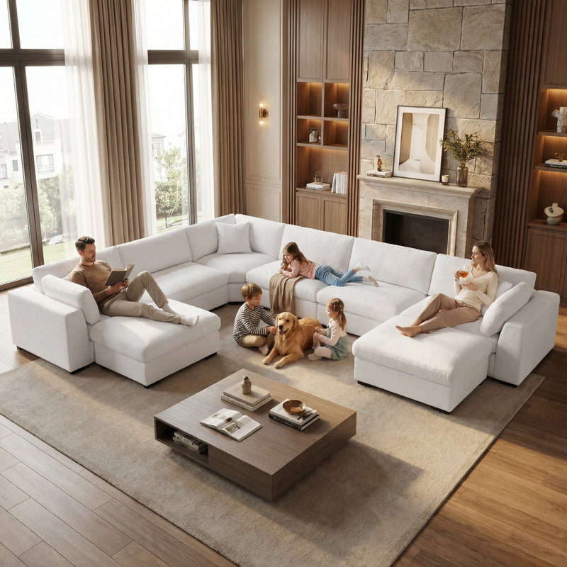 Upholstered Oversized 8 Seater Modular Sectional With Two Large Movable Ottomans, White Chenille