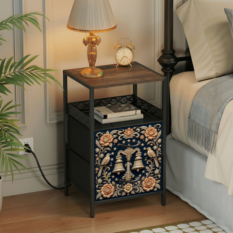 Table de chevet 2 tiroirs avec station de charge, table de chevet pour chambre avec ports USB et amp; Table de chevet noire Outlets avec tablette Liberty Bell