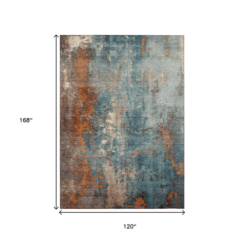 Tapis d'extérieur lavable abstrait bleu sarcelle et cuivre 10 pi x 14 pi bleu sarcelle