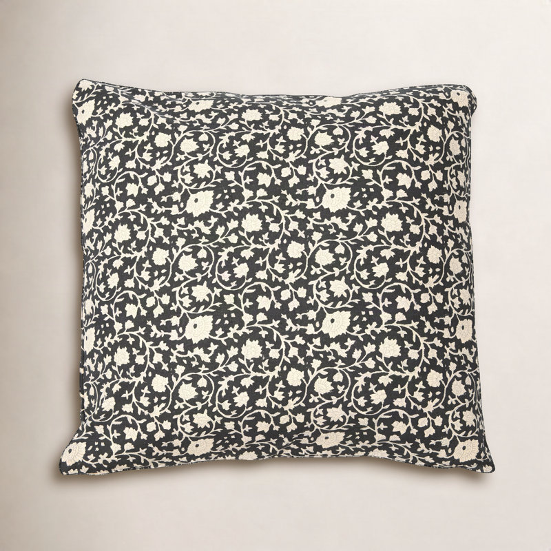 Emmett Floral Cotton Reversible Throw Pillow, Black/Gray/Ivory