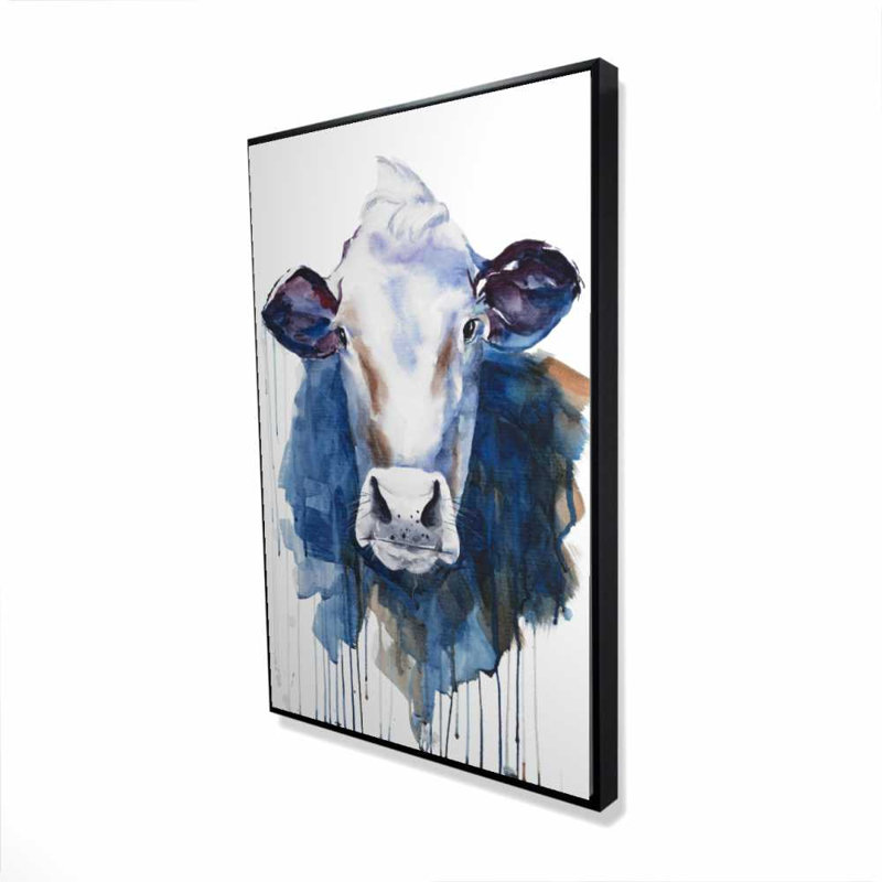 Vache - Toile encadrée avec des animaux de ferme | Décoration intérieure, Blanc / bleu classique, H 37,25 po x l 25,25 po