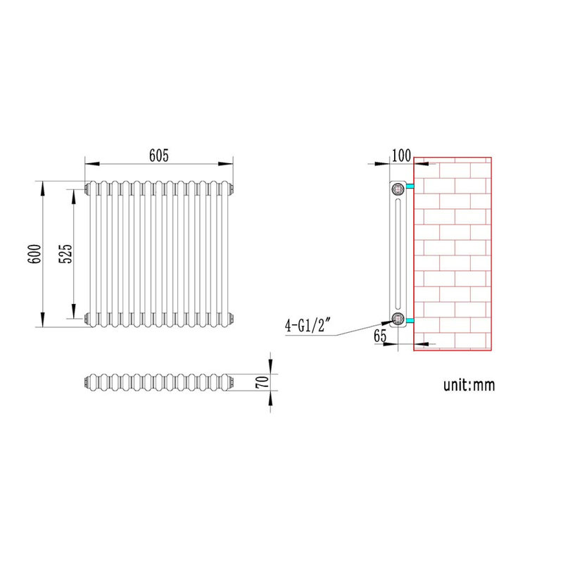 iBathUK Radiator + Angled Valve, White, 600cm H x 605cm W x 70cm D, 2