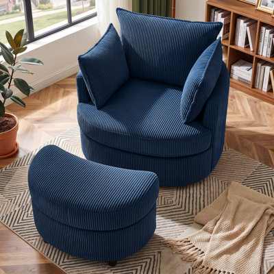 Corduroy Upholstered Swivel Barrel Accent Chair with Hidden Storage Ottoman, Round Lounge Chair for Living Room