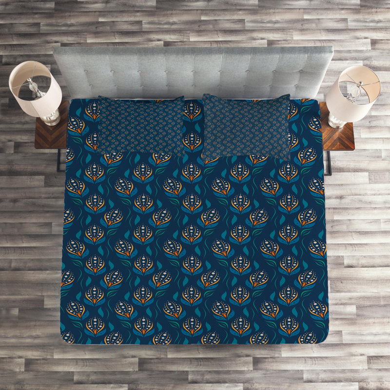 Eclectic Polyester Coverlet, King Bedspread + 2 Standard Shams, Blue/Orange Chevron/Zig Zag