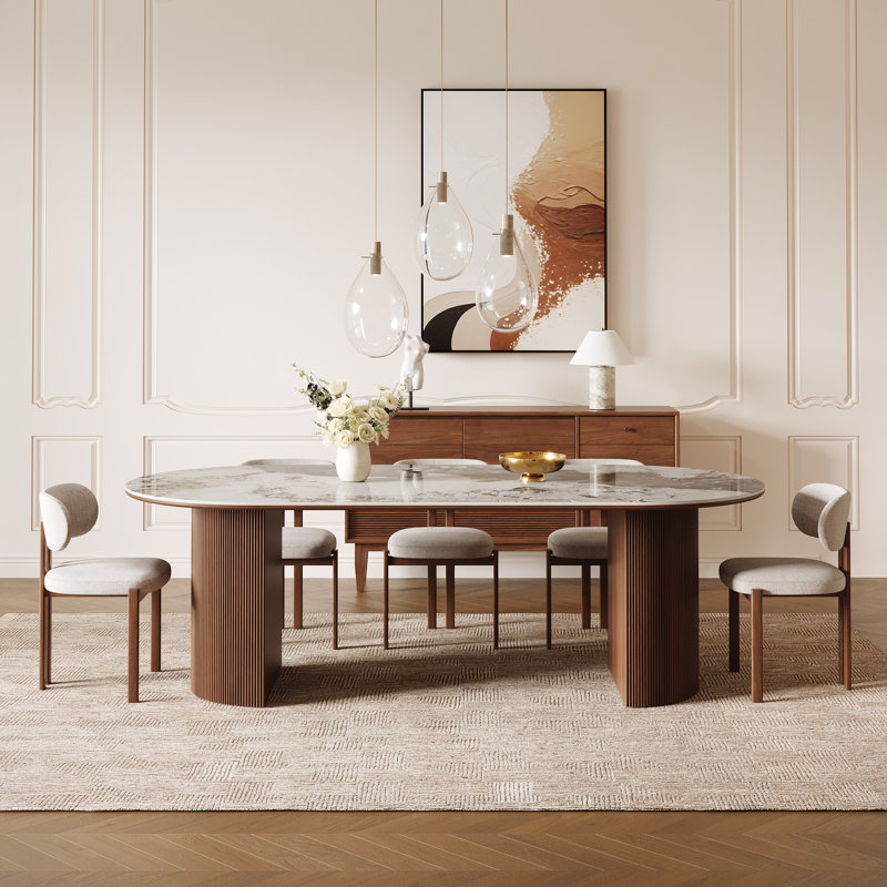  Iris Sintered Stone 78.7'' Solid Wood Pedestal Oval Dining Table Seat 6-8, Glossy Pandora/Walnut, Oval
