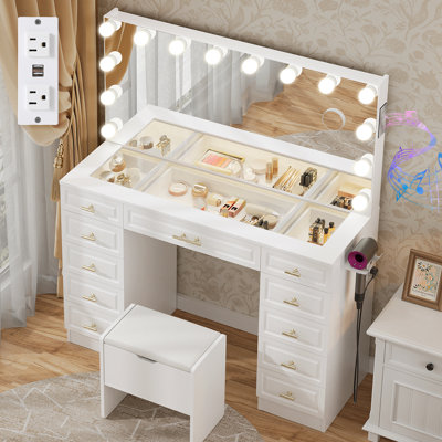 Makeup Vanity With Mirror And Lights, Vanity Table With Bluetooth Speaker And 11 Drawers, White by Wrought Studio