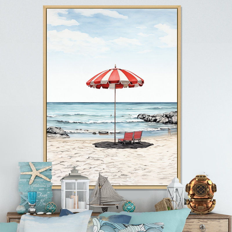 Coastal Red Beach Umbrella II - Nautique et plage, reproduction sur toile, H 32 po x l 24 po x P 1 po, Cadre naturel flottant