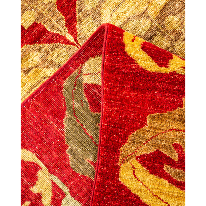 Tapis beige / rouge / jaune noué à la main de conception unique 9 pi 2 po x 12 pi Vey Arts & Crafts