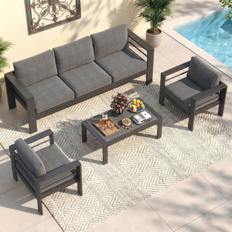 Brandtley 5-Person All Aluminum Outdoor Seating Group With Cushions, Dark Gray/Dark Gray