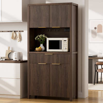  70.8"H Stand Alone Kitchen Pantry Cabinet With Drawers, Wood Kitchen Hutch Storage Cabinet With Adjustable Shelves，Buffet Sideboard With Power Outlets & Hooks For Kitchen, Dining Room & Living Room