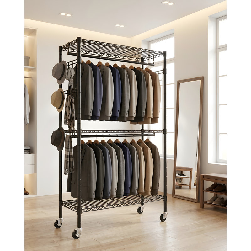 Heavy‑Duty Rolling Clothes Rack with Double Hanging Rods