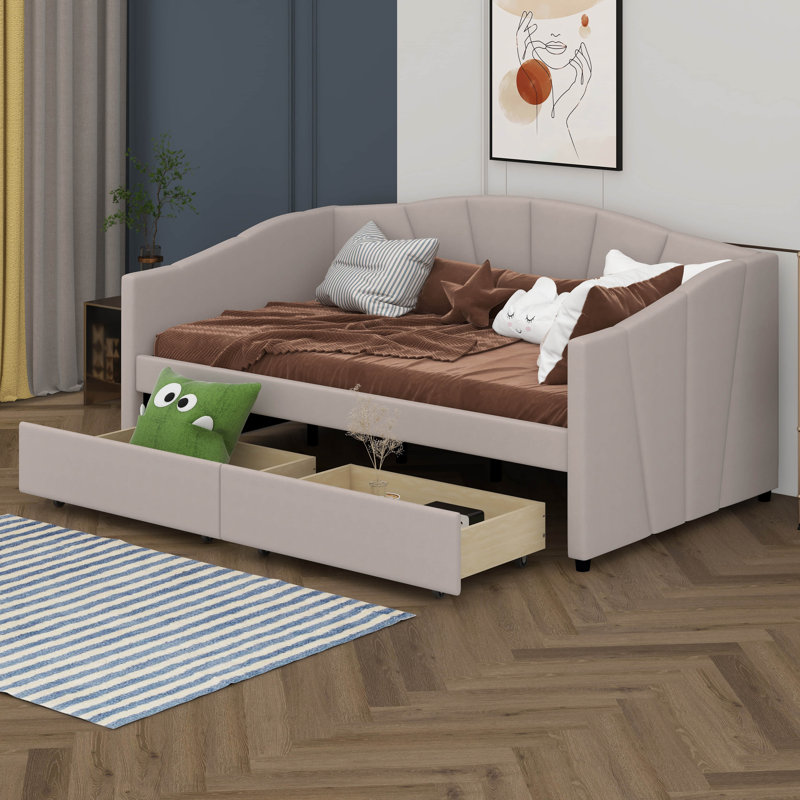 Twin Size Upholstered Daybed With Two Storage Drawers, Velvet Storage Sofa Bed Daybed With Backrest And Wood Slat Support