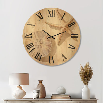  Horloge murale côtière en bois imprimé - Dollar de sable et étoile de mer