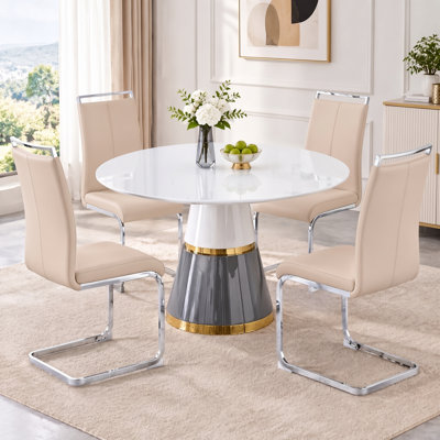 Ensemble de salle à manger moderne 5 pièces, table ronde blanche brillante avec chaises cantilever