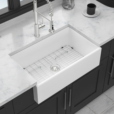 White 33 Inch Ceramic Sink - Undermount Single Bowl Apron Front, Heat And Scratch Proof, Roomy Kitchen Sink, 33X18x10 Stain-, Big