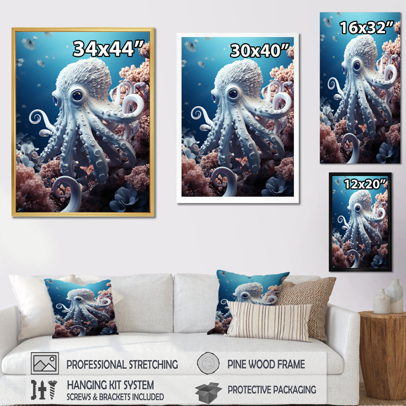 Impression sur toile monochrome, pieuvre bleue et blanche, Cadre simple argenté, H 32 po x l 24 po x P 1 po