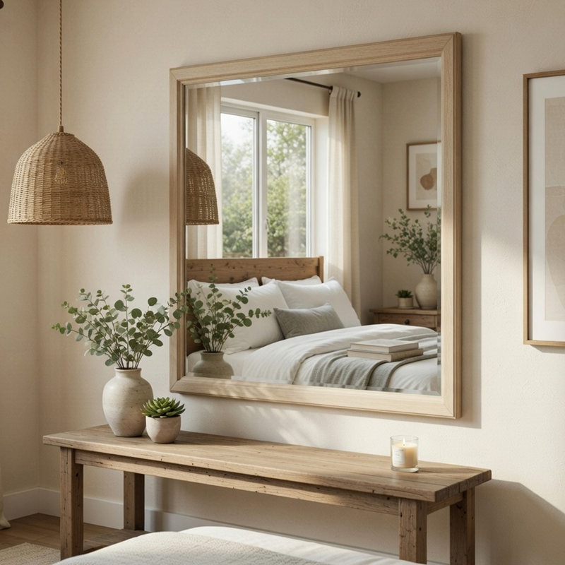 Miroir de commode Hadly, conception encadrée, style maison de campagne, bois beige 38 po x 51 po