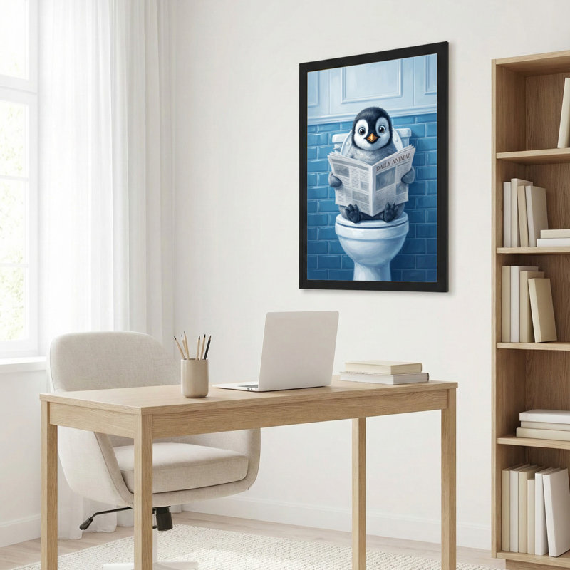 Tableau sur toile représentant un pingouin lisant un journal sur les toilettes (1 pièce), H 18 po x l 12 po