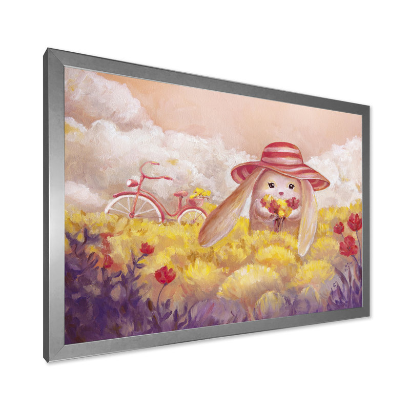 Petit lapin avec des fleurs - Peinture sur toile, H 12 po x l 20 po x p 1 po, Cadre photo argenté
