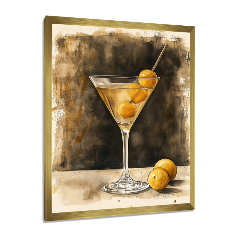 Martini After Midnight - Tableau encadré pour bar, 40" H x 30" W, Encadrement doré
