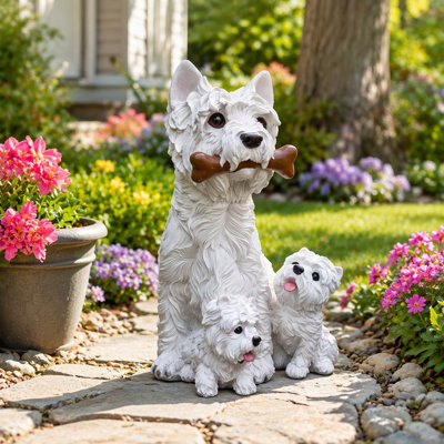 Ensemble de 3 statues de jardin West Highland White Terrier, figurines de chien Westie réalistes en résine, sculpture de décoration extérieure résistante aux intempéries pour patio de jardin