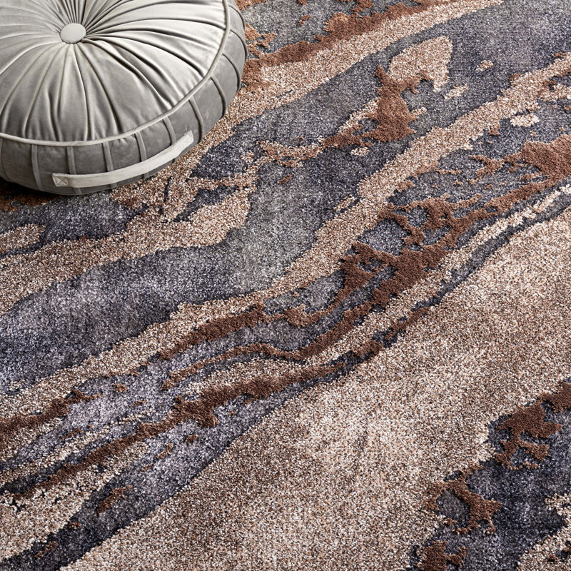 Tapis abstrait en polyester fabriqué à la machine en gris / brun, Carré 5 pi 3 po