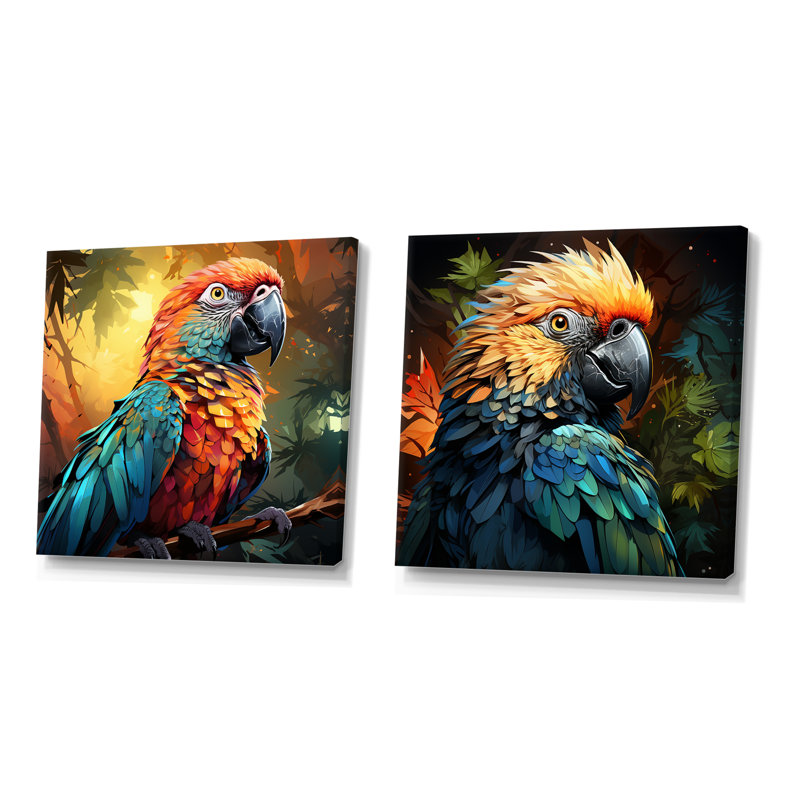 «Orange and Blue Jungle Parrot Paradise I», ensemble de 2 reproductions d'art mural, Toile tendue, H 16 po x l 33 po x P 1 po