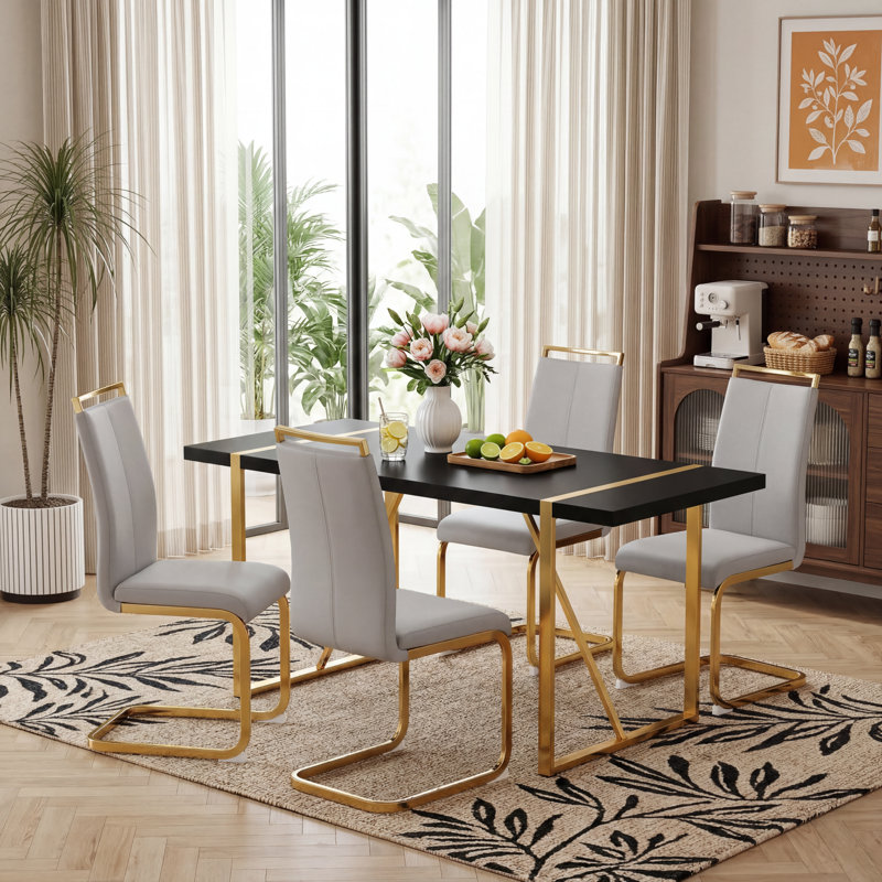 5-Piece Modern Rectangular High-Gloss Dining Set with Faux Leather Cantilever Chairs, LightGray/Gold, Black