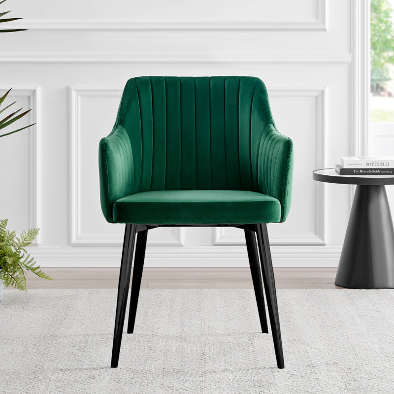 Calley Velvet Bucket Tub Chairs with Tapered Metal Legs and Vertical Stitching, Black, Green