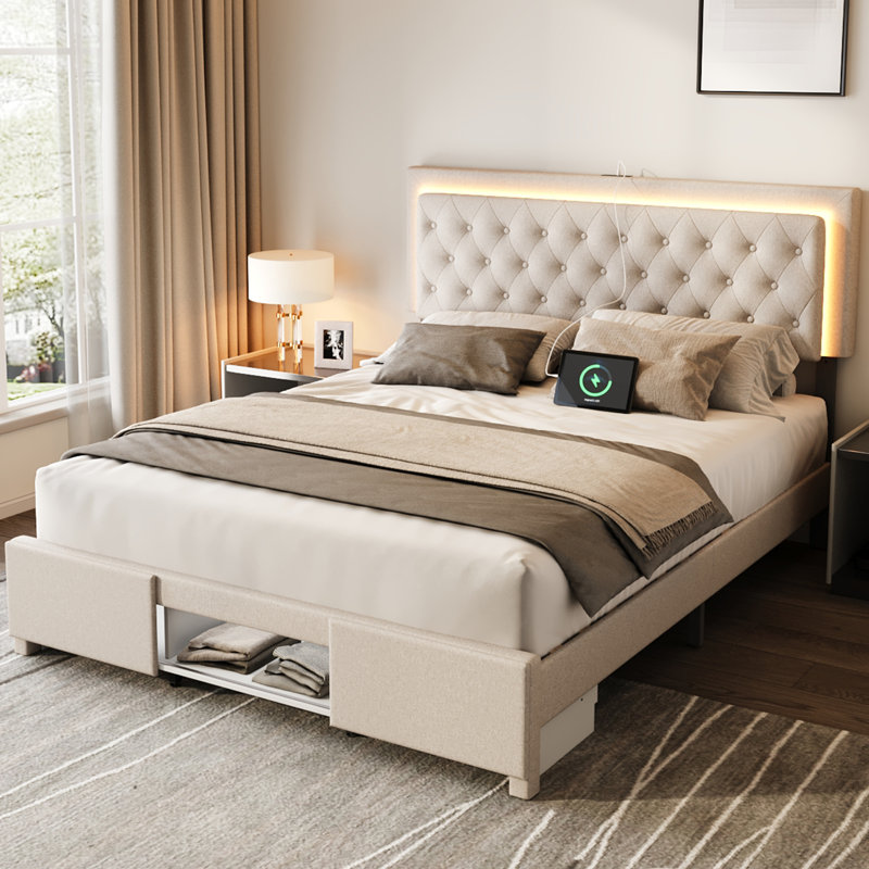 Komor Upholstered Storage Bed Frame with Charging Station and LED Lights, Beige, Queen