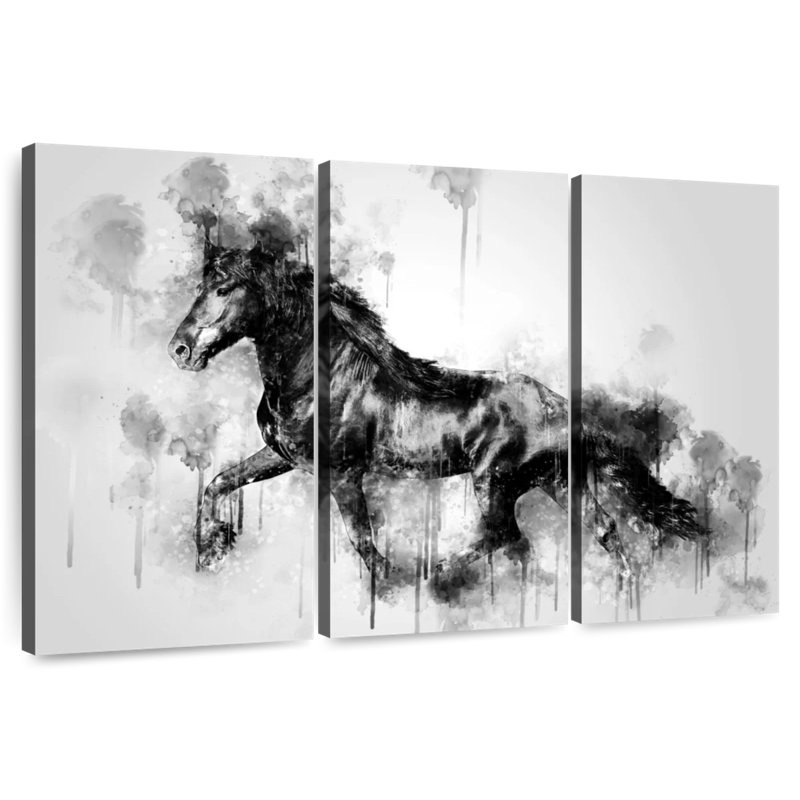 Cheval noir Brampt qui court en noir et blanc, H 24 po x l 38 po