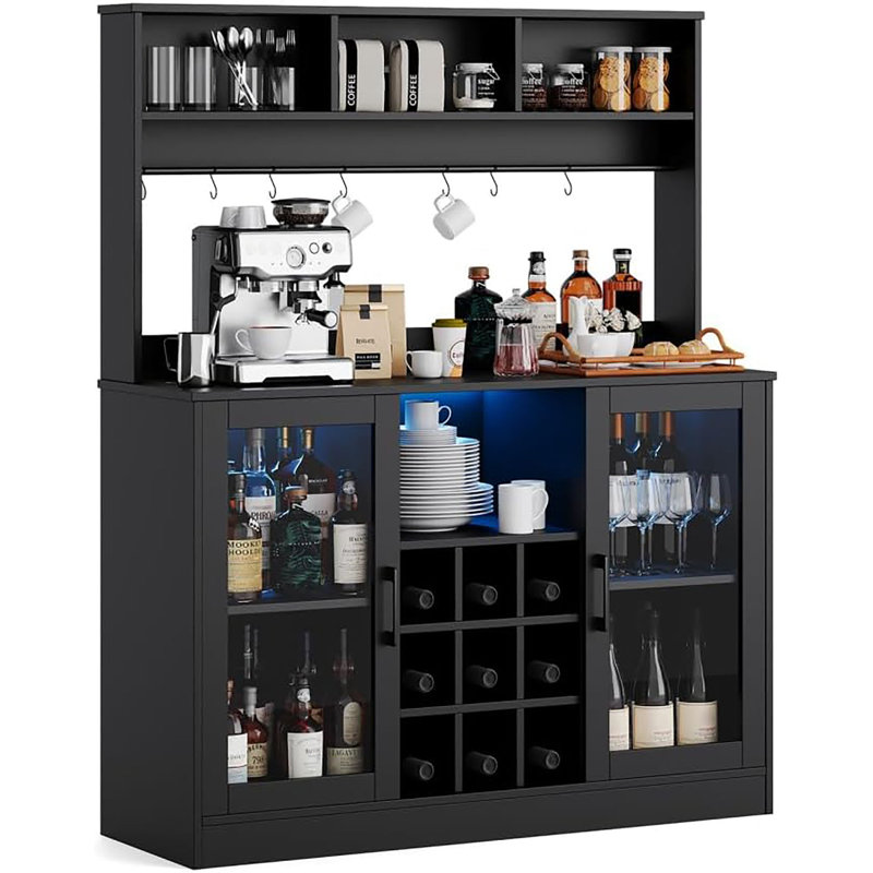 Coffee Bar Cabinet, Buffet Sideboard With Storage Shelf, Power Outlet, 6 Hooks,9 Wink Racks And Adjustable Shelf