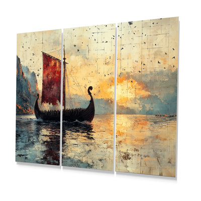 Red Vikings Boat Viking Sailors Life At Sea - Vikings Boat Wall Art, ensemble de salon
