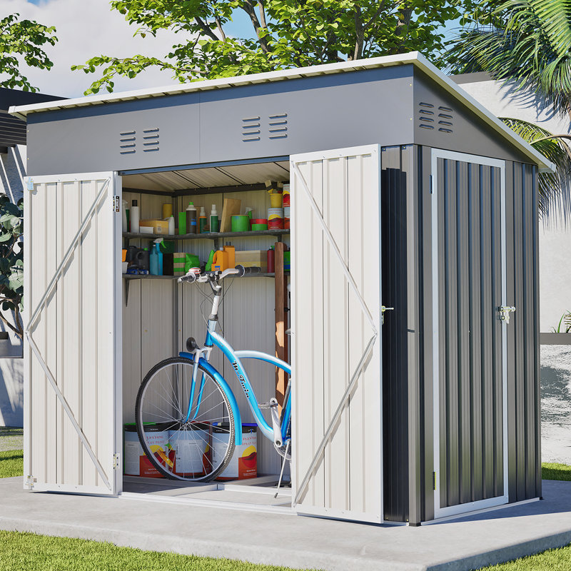 Remise de rangement avec toit incliné résistant aux intempéries et 4 outils de ventilation en métal pour l'extérieur