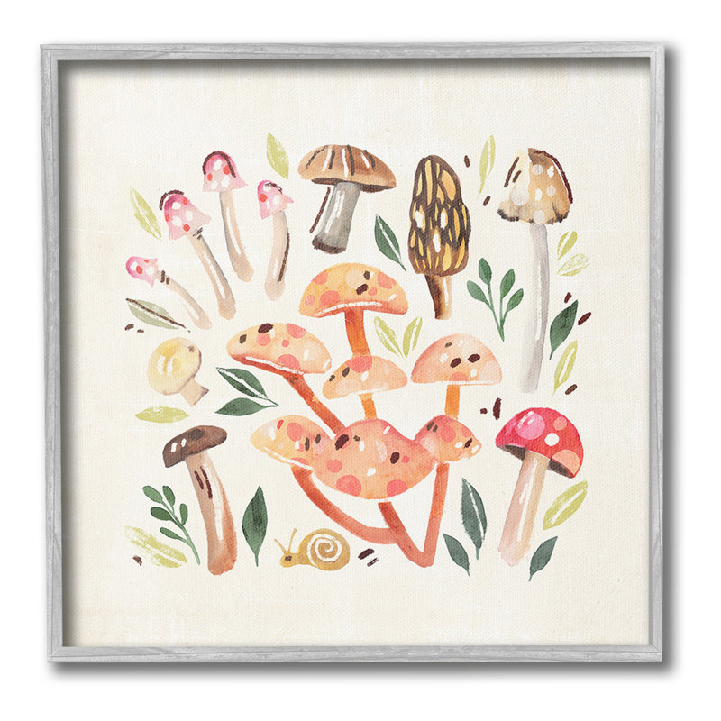 Champignons fantaisistes et escargot, Giclée encadrée blanc bord de mer, H 12 po x l 12 po