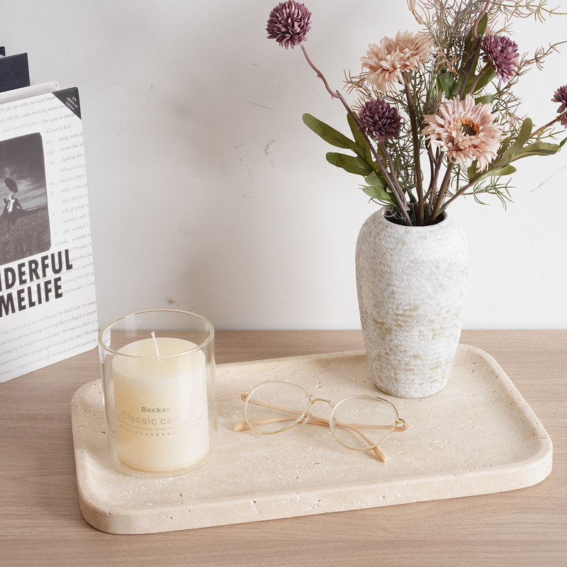 Guein Rectangle Natural Marble Tray,Travertino Romano