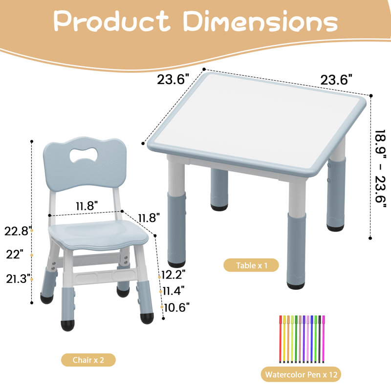 Kids Table and 2 Chairs Set, Height Adjustable Toddler Table and Chair Set for 2, Graffiti Desktop, Non-Slip Design, Children Table for Home Daycare Preschool for Ages 2-8