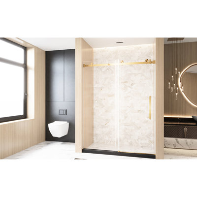 Single Sliding Shower Door 56 - 60 "W X 76" H For Bathroom, 6 Mm Clear Tempered Glass, Proof Film, Stainless Steel Square Tube Track, Brushed Gold Finish, 4.8Cm Wheels Smooth And Stable Function,