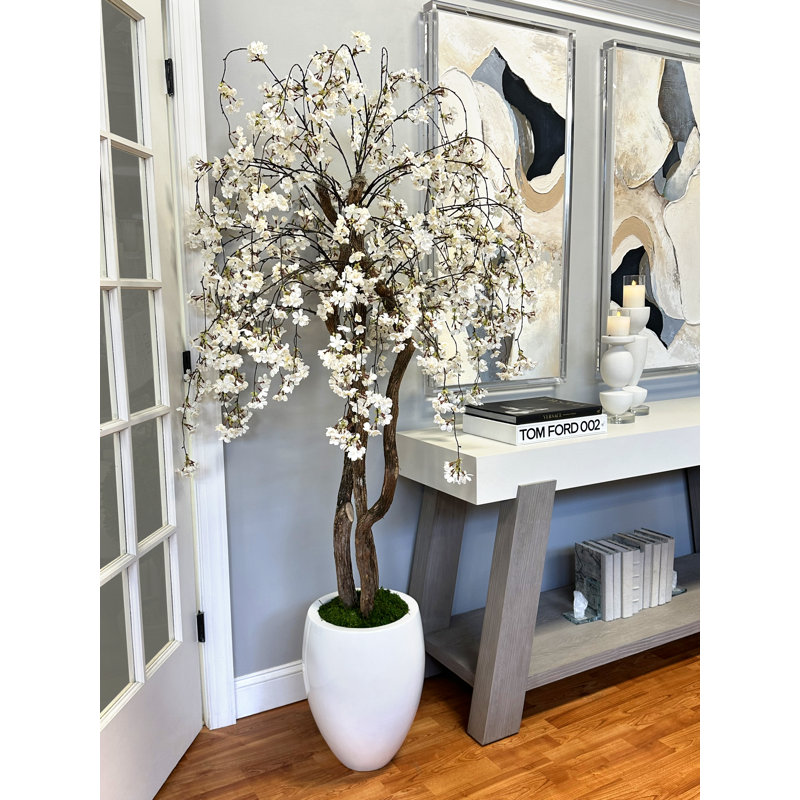 Faux cerisier en fleurs en pot de fleurs blanc, H 72 po x l 34 po x P 11,50 po
