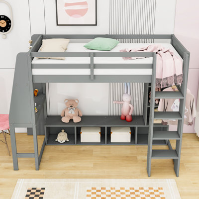 Wood Loft Bed With LED-Lit Desk, Shelves And Hanging Clothes Rack