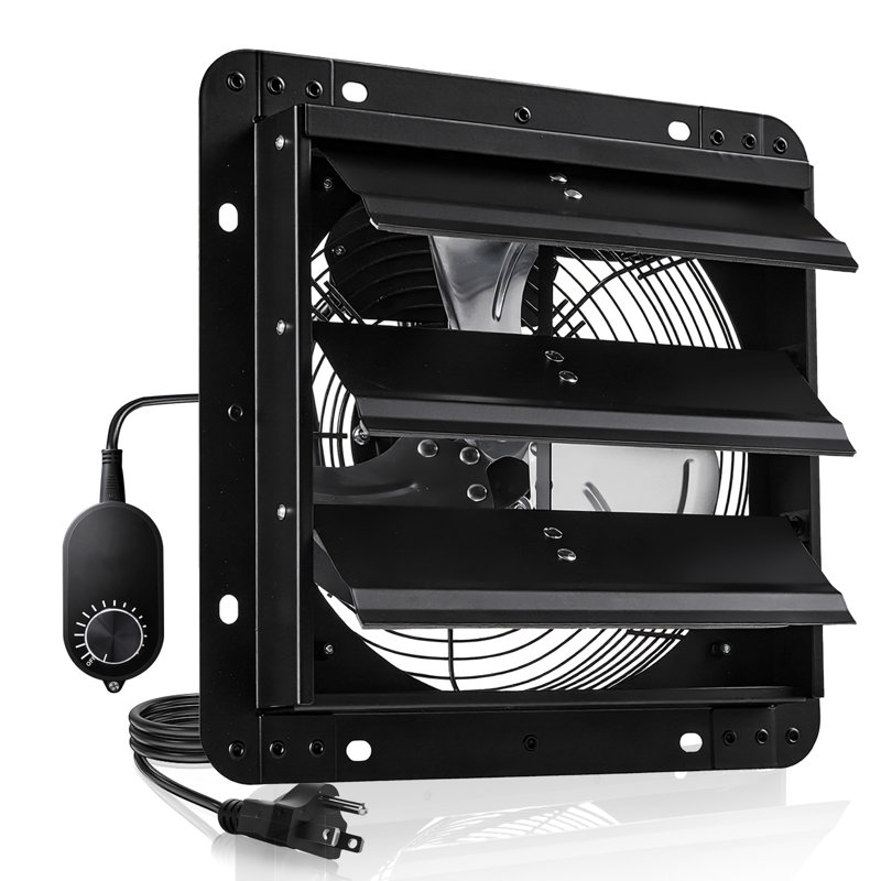 Ventilateur de 10 pouces à obturateur, ventilateur de grenier mural avec contrôleur de vitesse variable, 900 pi3 / min, moteur à courant alternatif, acier robuste, silencieux pour remise, garage, refroidissement de serre, noir