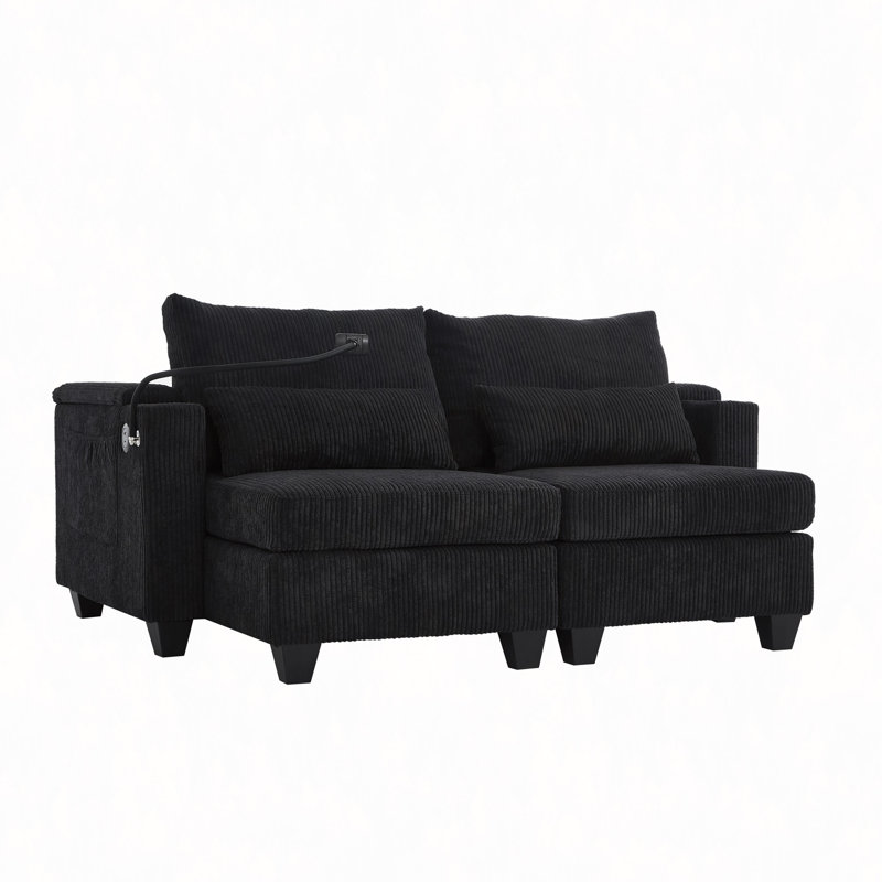 Canapé-lit convertible avec méridienne de 63 po et canapé-lit en velours côtelé avec ports USB, deux porte-gobelets, un porte-téléphone et un grand espace de rangement et une chambre à coucher