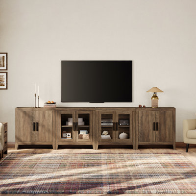 Meuble télé pour téléviseur de 110 po ou moins, meuble télé avec rangement, console média en bois avec portes en verre et armoires fermées, meuble télé rustique avec tablettes réglables, brun