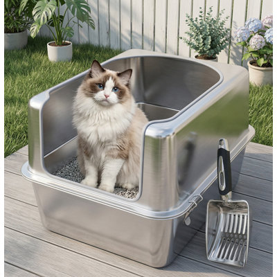 Litière en acier inoxydable avec couvercle et pelle en métal, boîte en métal fermée pour grands chats, résistante à la rouille, contrôle des odeurs, facile à nettoyer, durable, bord arrondi, taille L