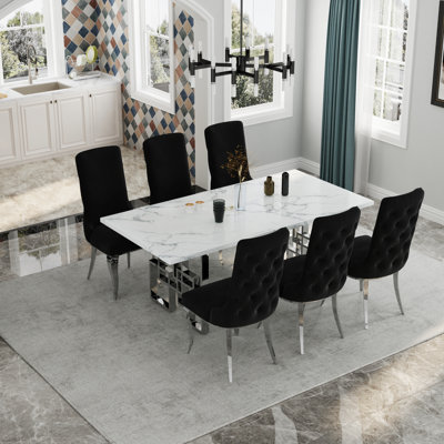 Black Velvet Button Tufted Dining Chairs With Mirrored Silver Metal Legs Set Of 4